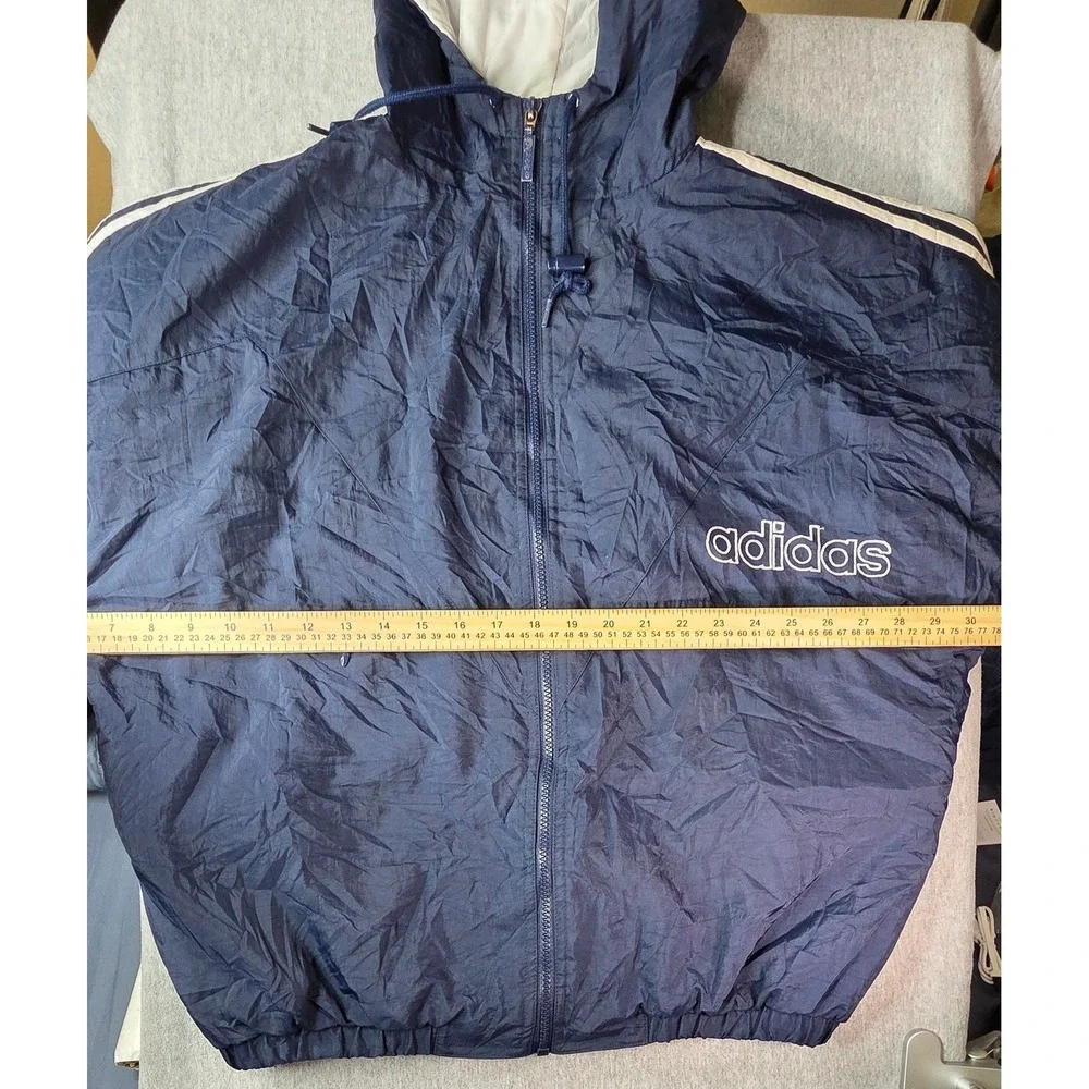 Vintage Adidas Windbreaker Jacket Navy Blue Mens Medium Full Zip Hooded 90s Logo